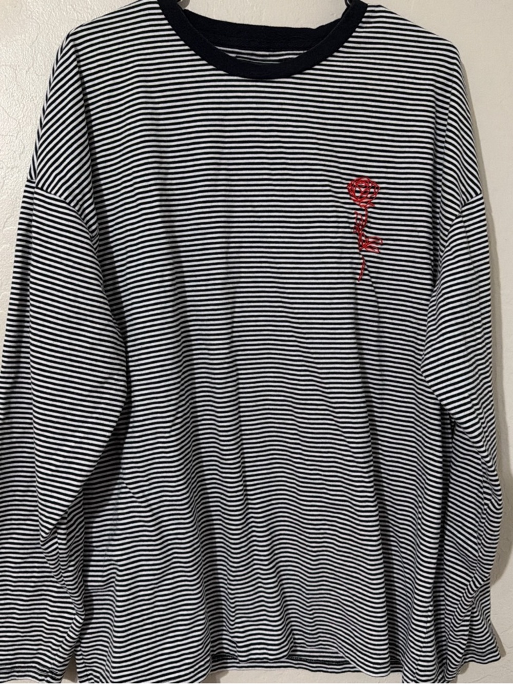 Forever 21 Black and White Striped Long Sleeve Tee with Red Rose Embroidery